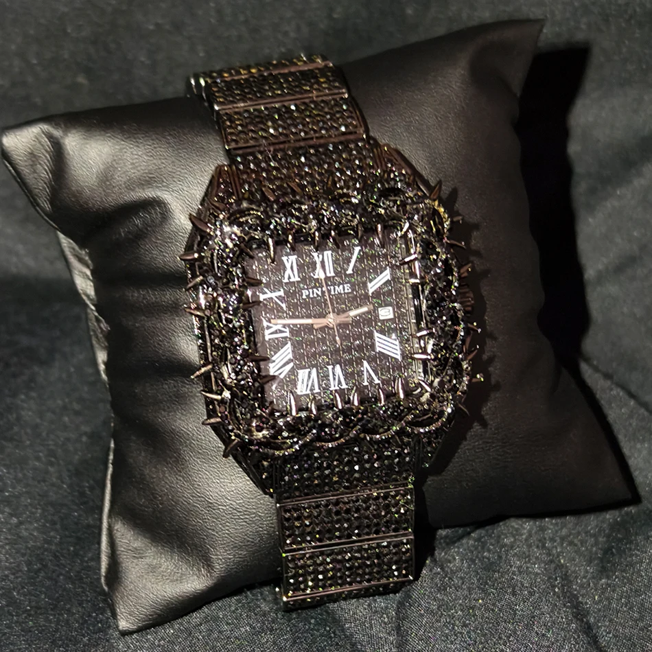 Black Spiked Diamond Quartz Watch Hip Hop Bling Full Crystal Wristwatch Men's Punk Style Daily Wear Jewelry with Gift Box