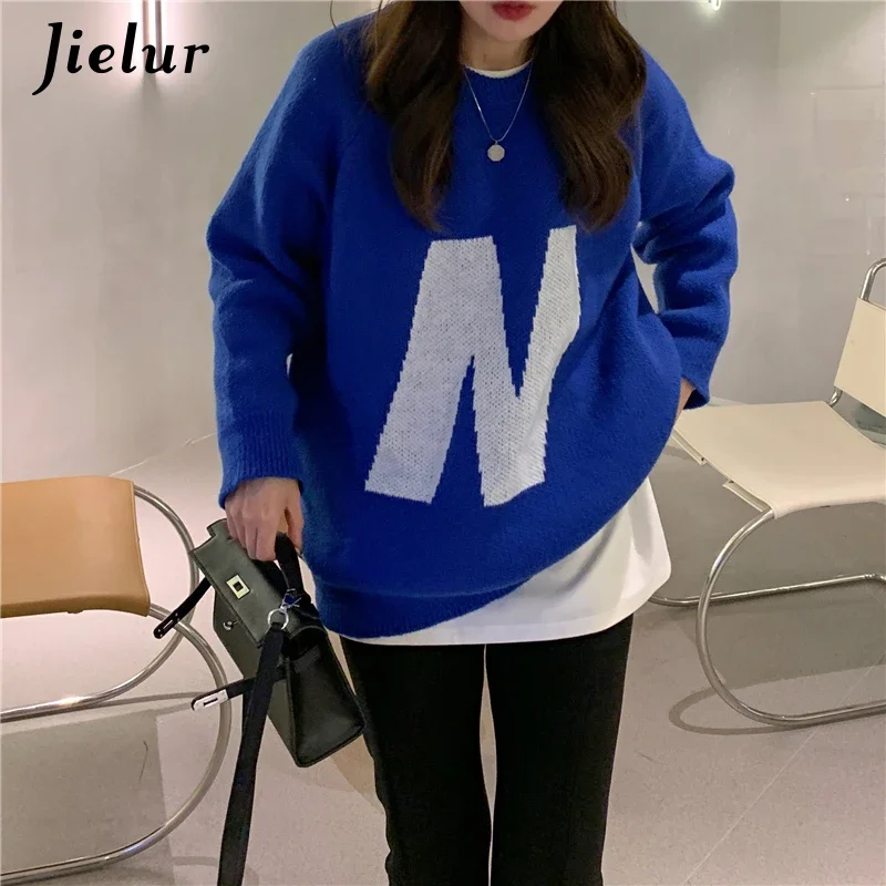 Jielur Fashion Letter Blue Knitted Sweaters Women Winter New Kpop Style Loose Outer Wear Sweater Female Leisure O-neck Pullovers