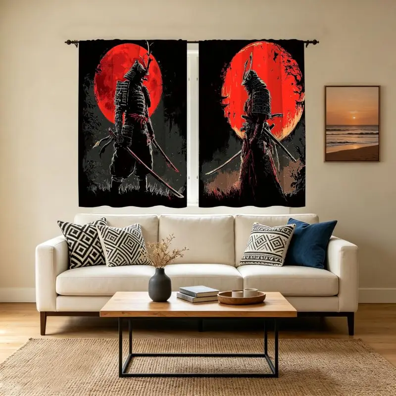 VIKAMA Dark Style Red Moon Samurai Tier Curtain Rod Pocket Short Curtain Asian Bedroom Small Window Home Decor