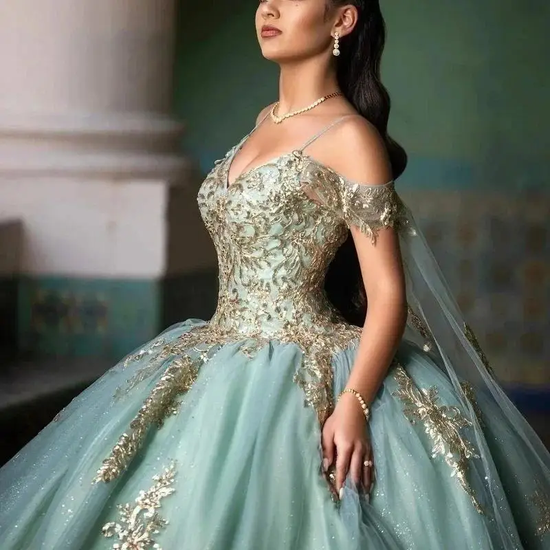 Shiny Sage Green Quinceanera Dresses Gold Lace Applique Beading With Cape Wrap Mexican Sweet 16 Vestidos De 15 Años