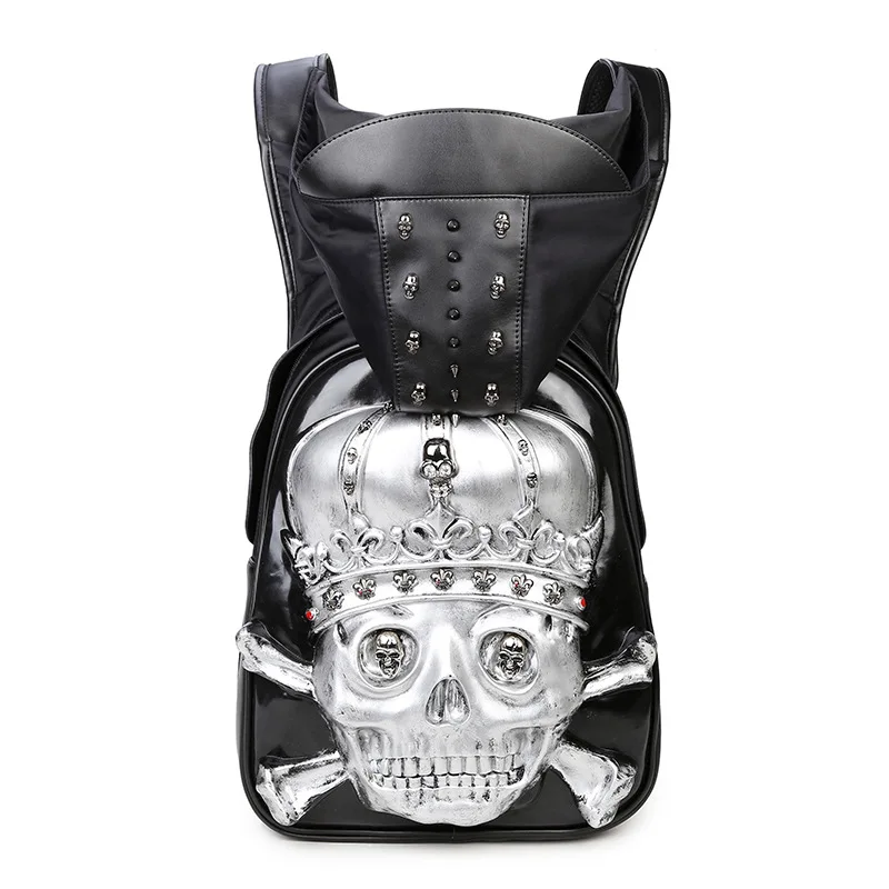 Stylish 3D Skull Crown Embossed Design Men's PU Leather Waterproof Backpack  Ample Space for Travel, Fits Laptop Accents Males