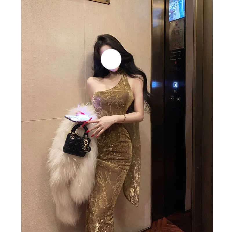 

Elegant Retro Shoulder Bag Dress Women's Slim Fit High Waist Cotton Casual City Commute Party Wear H-Shape Midi Dress