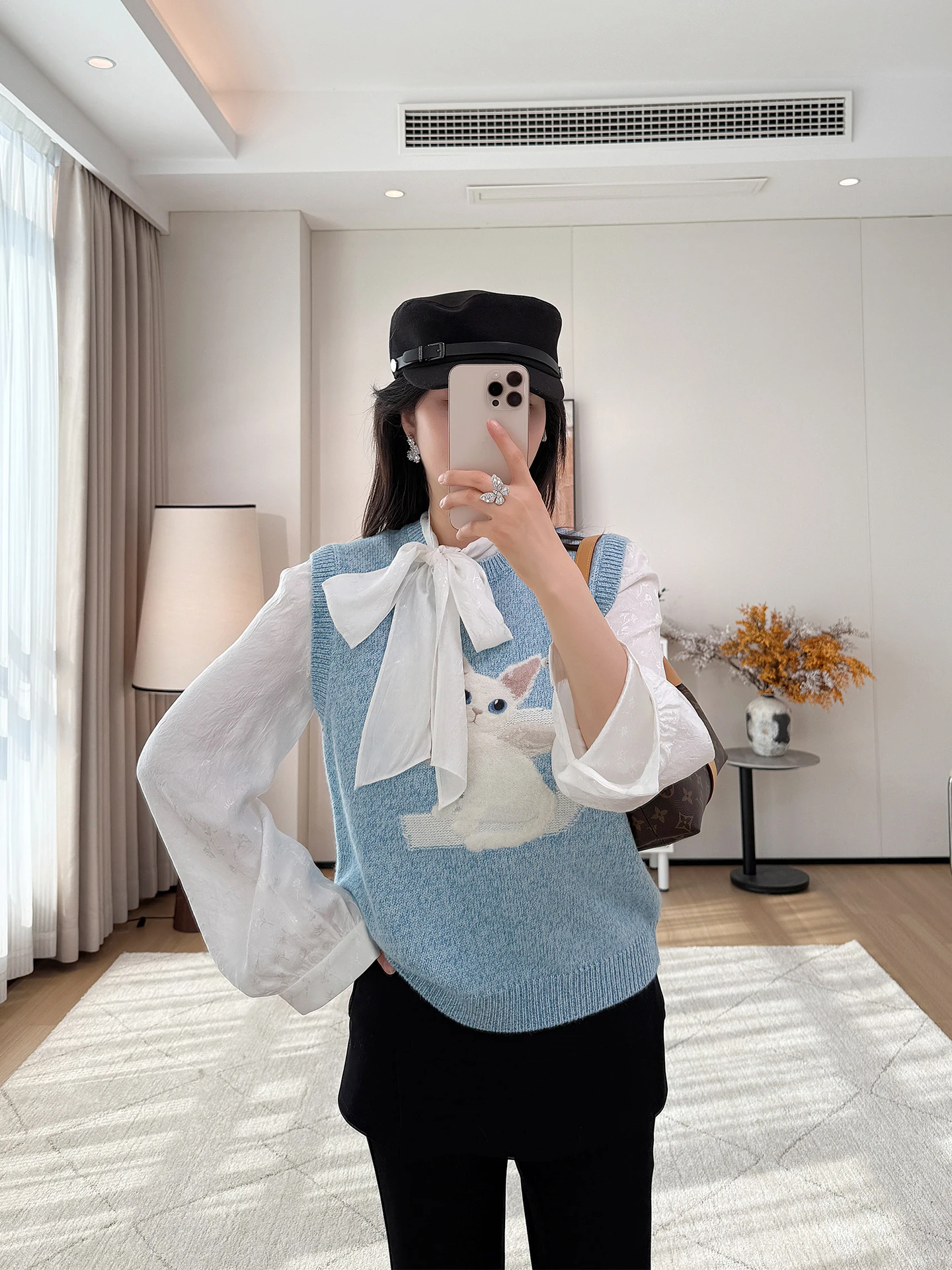 

Soft Rabbit Fur Knitted Vest Women's round Neck Sleeveless Embroidered Cashmere Top Casual Style Straight Cut Bunny Pattern