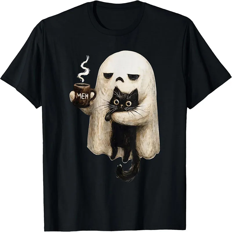 Ghost Holding Coffee Hugging Black Cat Funny Halloween Spooky T-Shirt