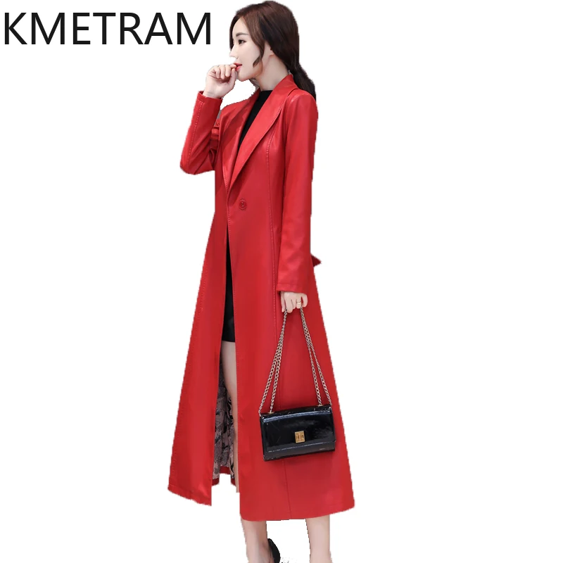 KMETRAM Genuine Sheepskin Leather Jacket Women Large Size Spring Autumn Women\'s Clothing Overknee Long Womens Coat Slim Fit