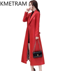 KMETRAM-Chaqueta de piel de oveja auténtica para mujer, abrigo largo por encima de la rodilla, ajustado, talla grande, primavera y otoño