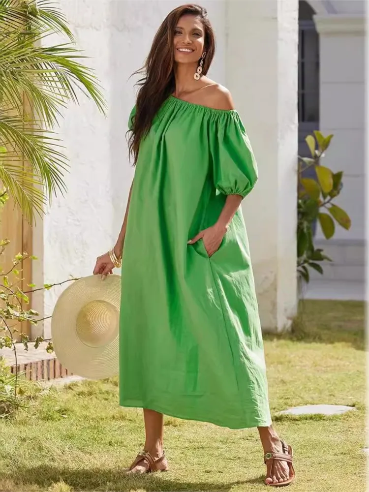 New Dress Casual Puff Sleeves Slant Shoulder Elegant Dress Fashion Green Loose Office Holiday Beach Party Dresses Robe Femme