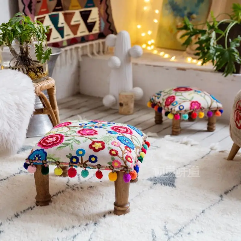 Imported cotton embroidered Bohemian Southeast Asian Nordic household small round stools, living room low, shoe changing