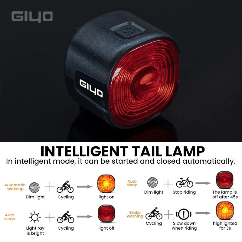 Giyo-luz trasera inteligente para bicicleta, lámpara Led con sensor de freno y 6 modos, multifunción, 250/400mAh, IP66