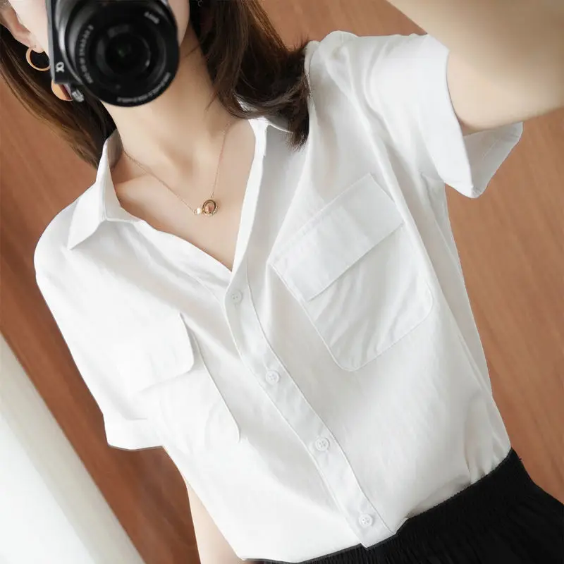 

Summer New Women's Cotton ort Sve irt Loose V-Ne Collar White Versatile Top Quali Korean Sle Faionable