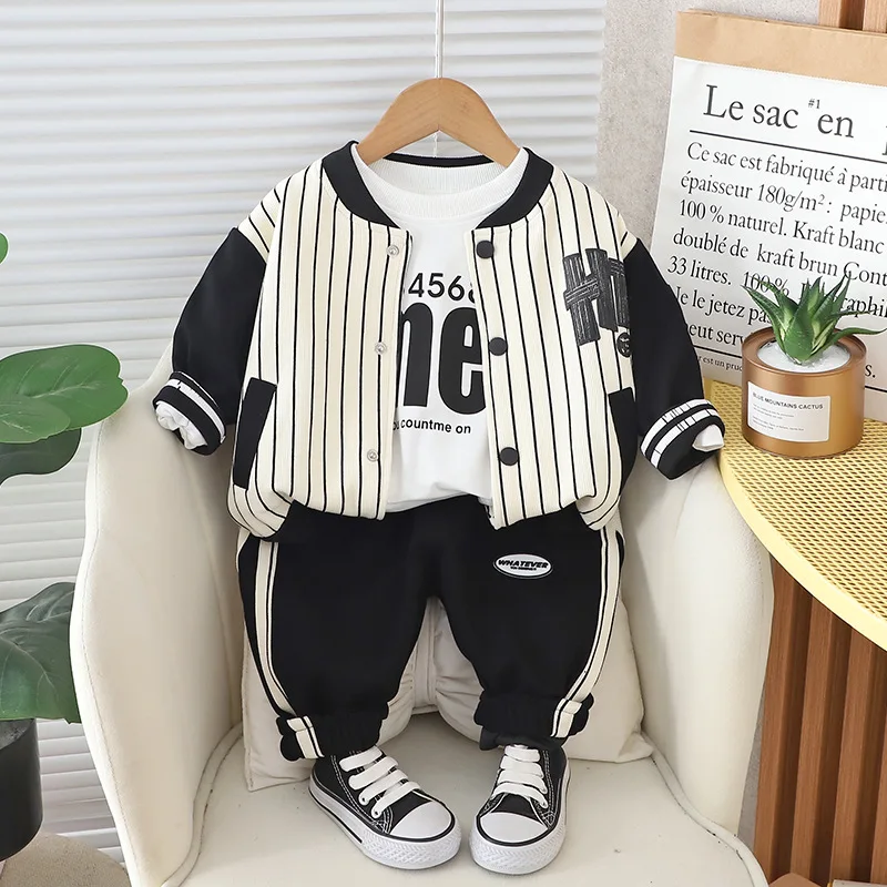 Baby Tracksuit Set 2024 Spring Boy Clothes 1 To 5 Years Casual Striped Cardigan Coats + White T-shirts + Pants Kids Boys Outfits