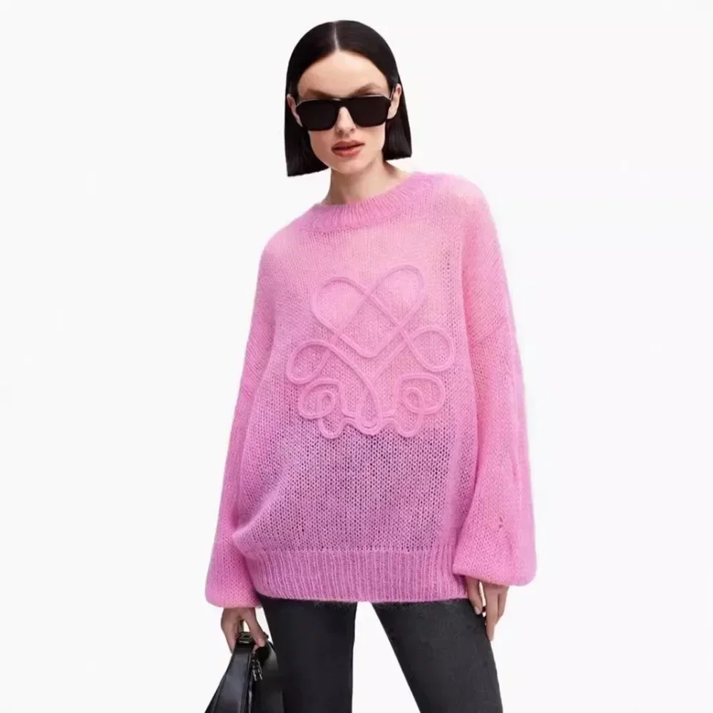 

Autumn Winter Lazy Loose Sweater Jacket Women Knit Pullover Embroidery Tops Long Sleeve Harajuku Aesthetic Pink Knitwear Jumpers