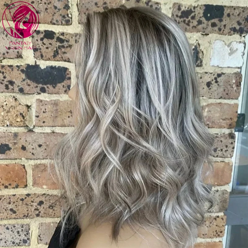 New In Human Hair Lace Frontal Wigs Ash Blonde with Light Grey Highlights Glueless 13x4 Lace Front Wig Sale for Women Free Part