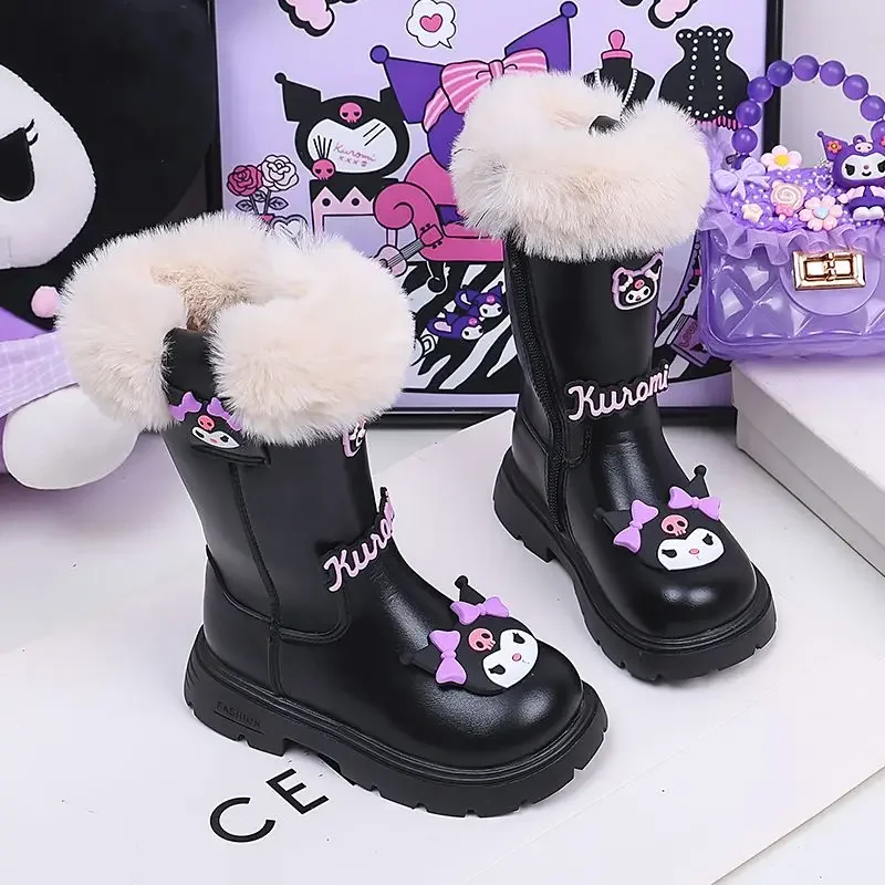 Girly Heart Kawaii MINISO Warm Kuromi Snow Boots Winter Fleece Thickened Cute Cartoon Children Boots Children Gifts for Kids