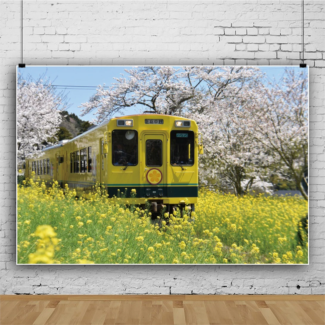 Spring Flower Field Cherry Tree Photographic Background Yellow Train Natural Scenery Living Room Decor Child Portrait Backdrops