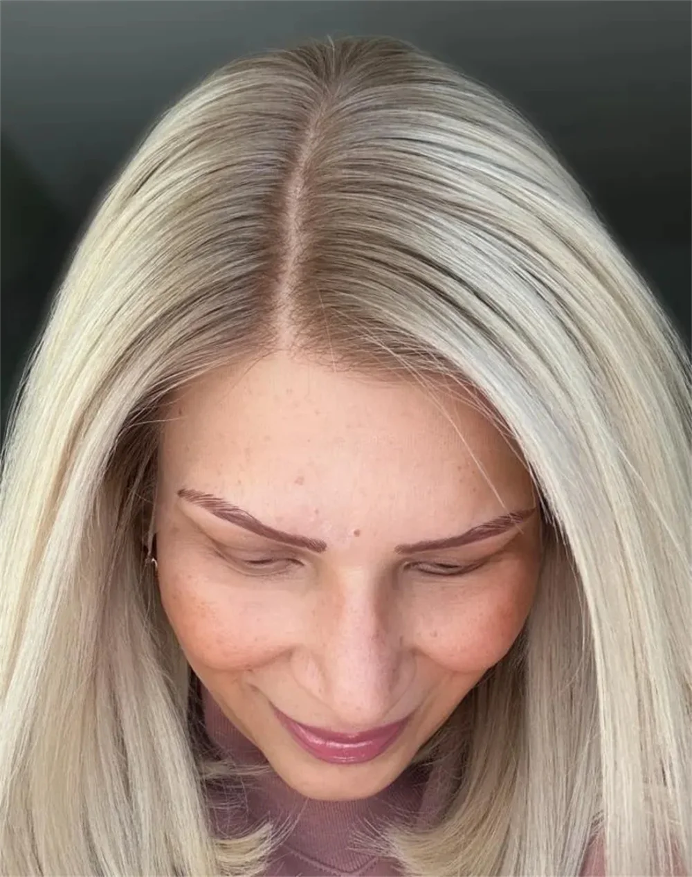 HD Lace Wig Platinum Blonde Highlight Short Bob Wig Ash Roots Synthetic Fibre Mixed 5% Human Hair Wig Straight Short Wig 12''