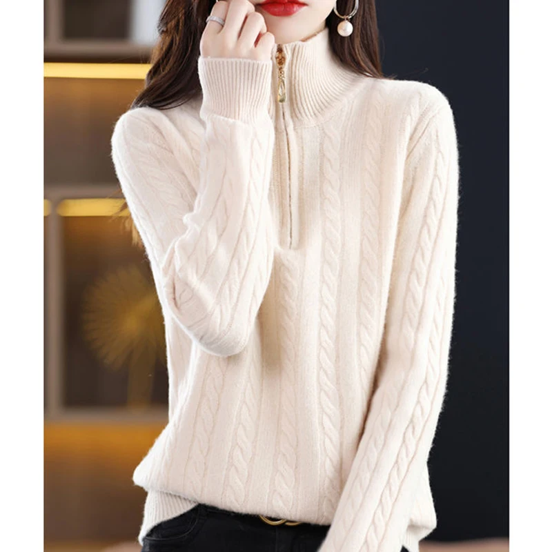 Autumn Winter Polo-neck Vintage Jacquard Solid Color Sweater Ladies Casual Fashion All-match Pullover Jumpers Women Knitted Top