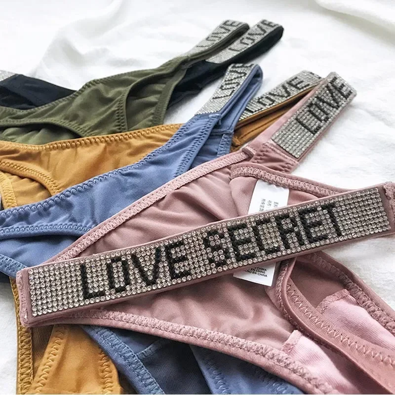 Sexy Women Pantie Crystal Rhinestone Underwear Fitness Gym Thongs Low Rise Fashion Tanga for Female Push Up Lingerie With Letter