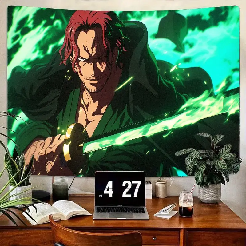 

1 шт., зеленый наряд в стиле аниме с красными волосами, гобелен с персонажем и светящимся зеленым мечом, туманно-зеленый фон, полиэстеровый настенный декор для Be