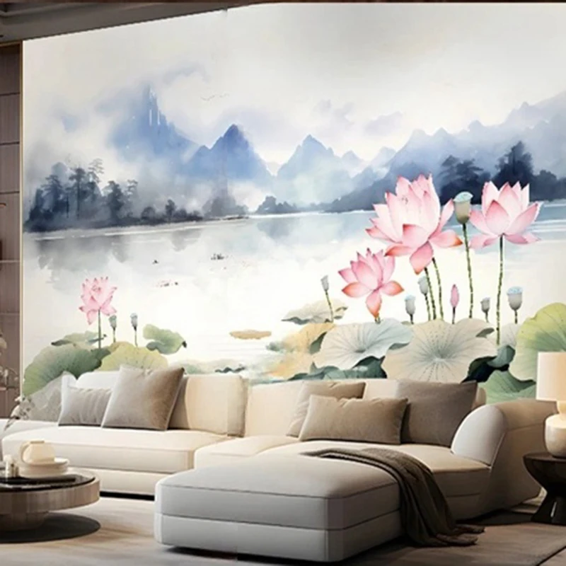 Elegant Chinese Ink Painting Lotus Flower Landscape Wallpaper Custom Hand-Painted Mural Watercolor Floral Background Home Decor