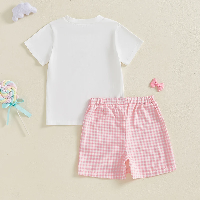 Listenwind Toddler Little Girl Shorts Set Bow Letter Short Sleeve T-shirt Plaid Elastic Waist Skorts 2 Piece Summer Outfit