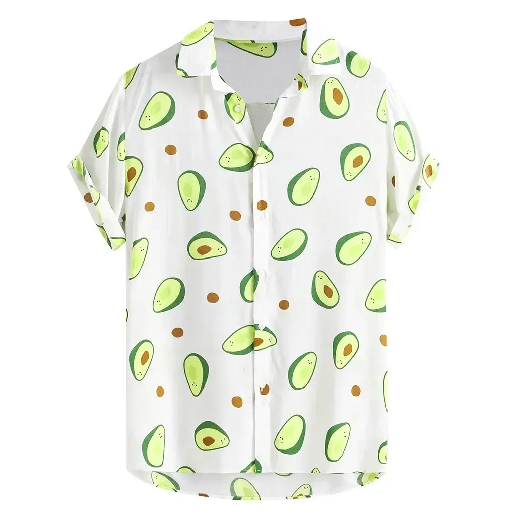 Summer Avocado Print Men's Casual Loose and Comfortable Breathable Shirt Fashionable and Versatile Short Sleeved Shirt