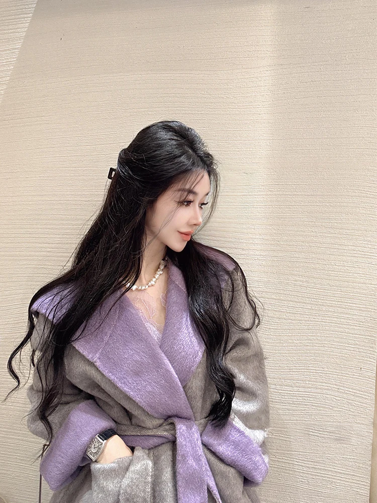 

Purple Woolen Coat Women's Loose Double-Faced Cashmere Outerwear Autumn Winter Fashion Elegant Lady Style New 2025