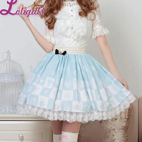 Light Sky Blue Sweet Checkered Elastic Wast Lolita Skirt For Lady with Crowned Bow