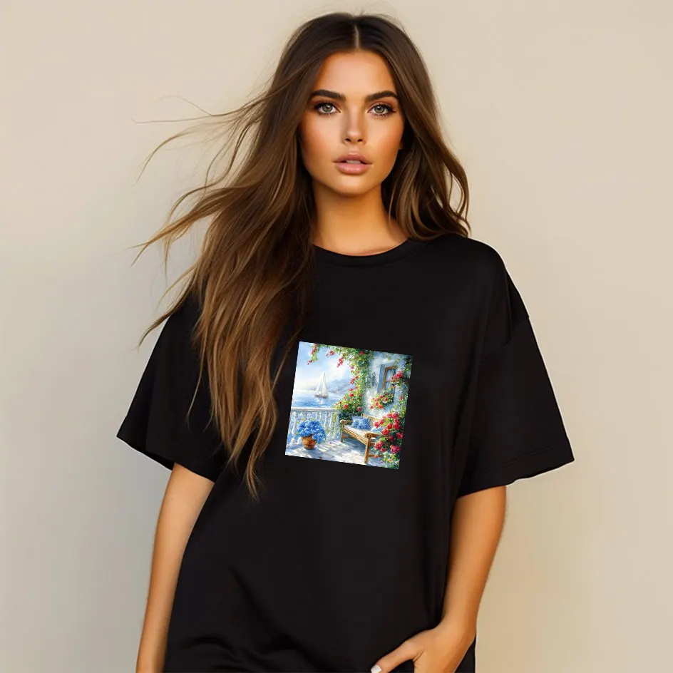 Coastal Balcony Illustration Red Rose Vine Art Mediterranean Style Art Iron on Picture on Clothes Colorful Creations DIY Craft