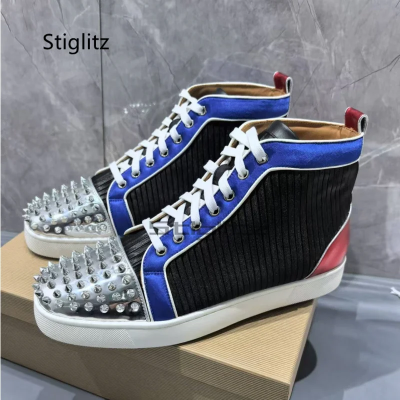 Rivet High Top Casual Shoes Men Mixed Colors Flats Board Shoes Comfortable Leisure Sneakers Shoes Round Toe Lace Up Ankle Boot