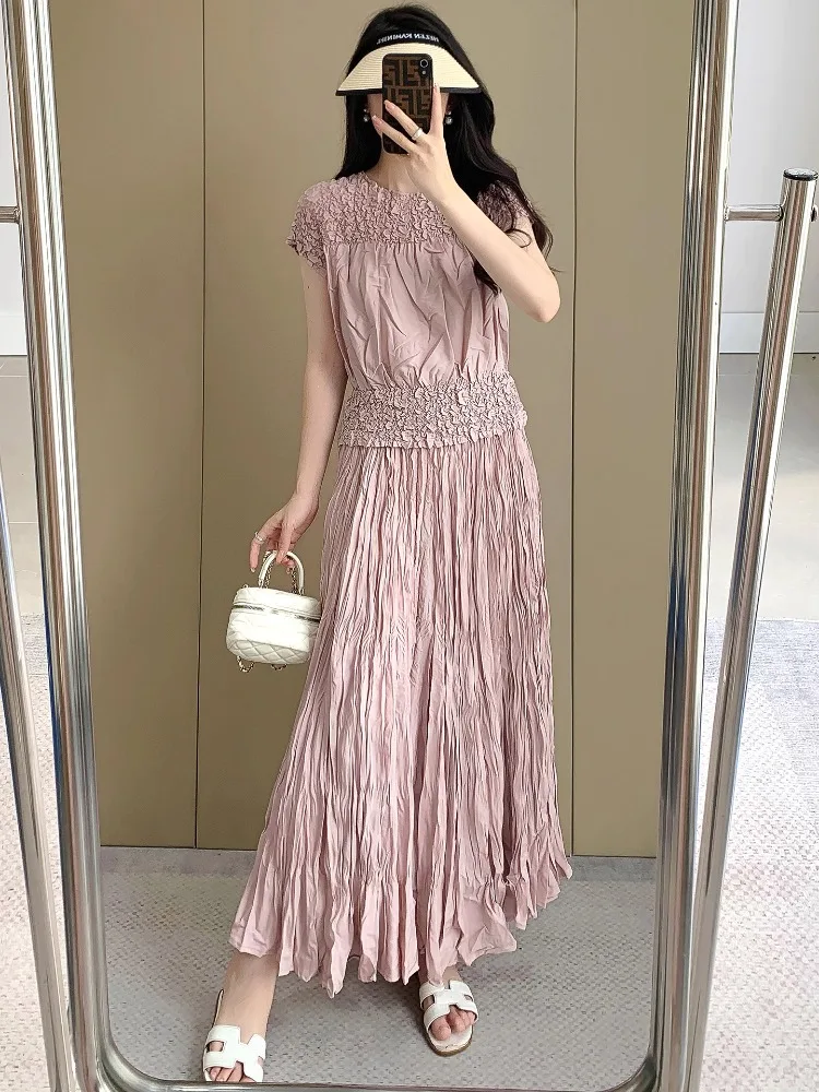 

Miyake High-end Pleated Skirt Set for Women's Summer New Sweet Short Sleeved Top, High Waist and Large Swing Skirt 2-piece Set