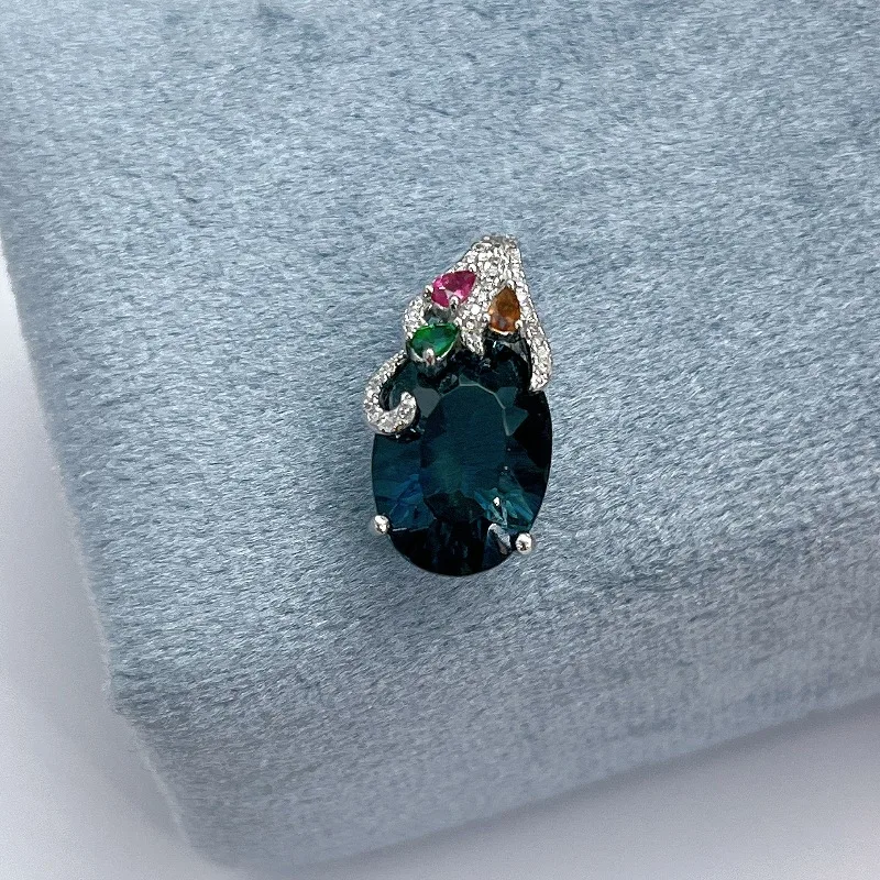 SACEGEMS Luxury 925 Sterling Silver 10*14MM Natual London Blue Topaz Pendant Necklace for Women Cocktail Party Fine Jewelry Gift