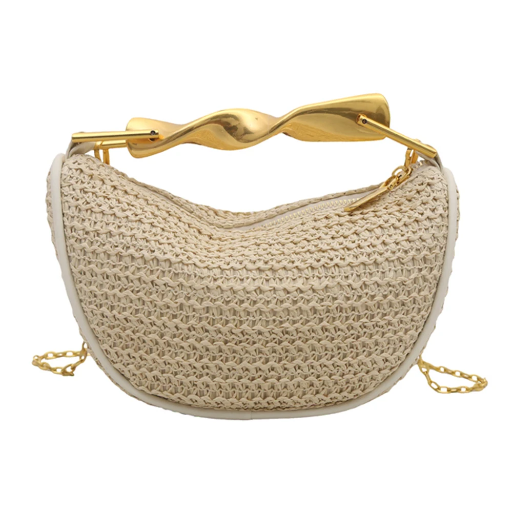 

Women Elegant Knitting Sling Bag with Metal Handle Summer Beach Shoulder Bag Zipper Closure Trendy Straw Handbag Commute Bag
