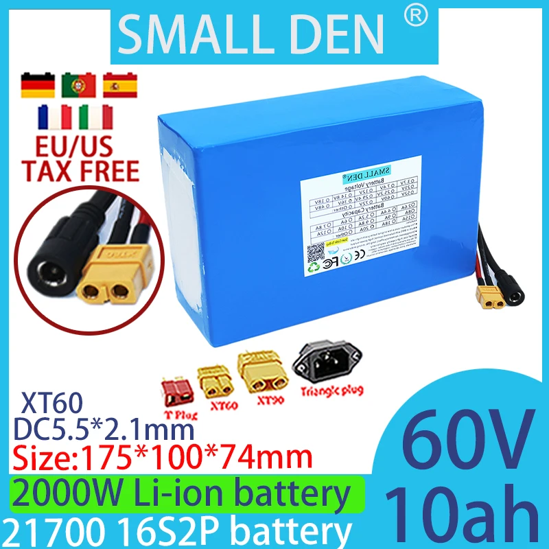 New 60V 21700 10Ah lithium battery pack 16S2P large capacity built-in 30A BMS suitable for power tool backup battery+2A charger