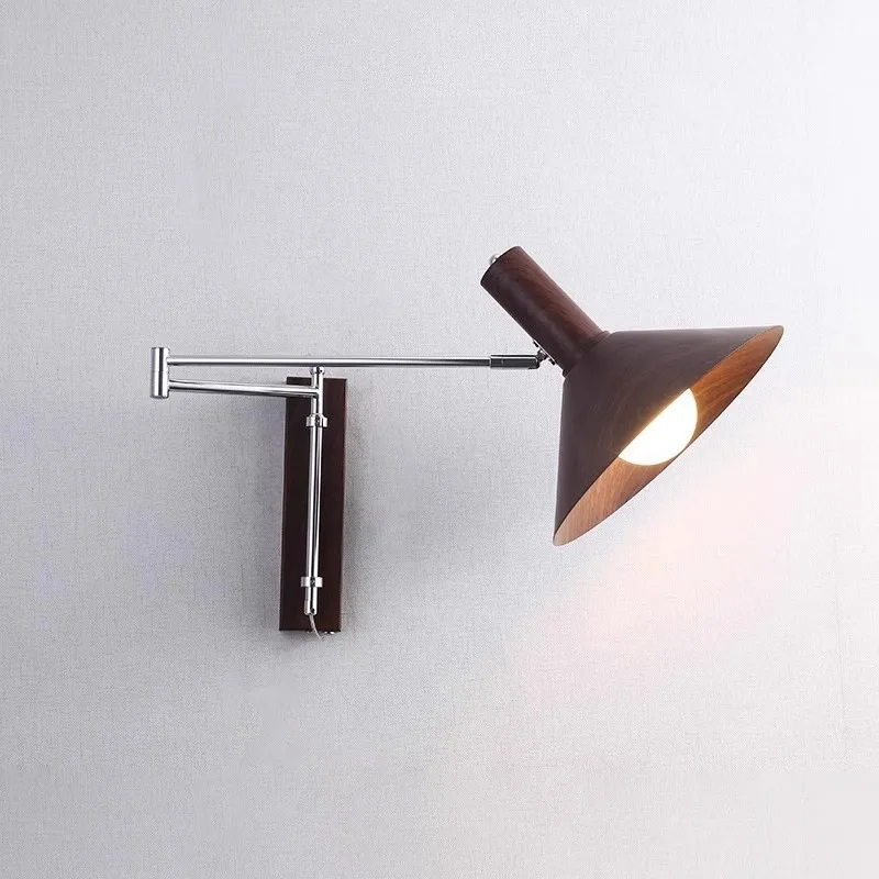Nordic Modern Walnut Bedside Foldable Wall Lamp Medium Antique Simple Bedroom Bar Extension Rocker Arm Wall Light