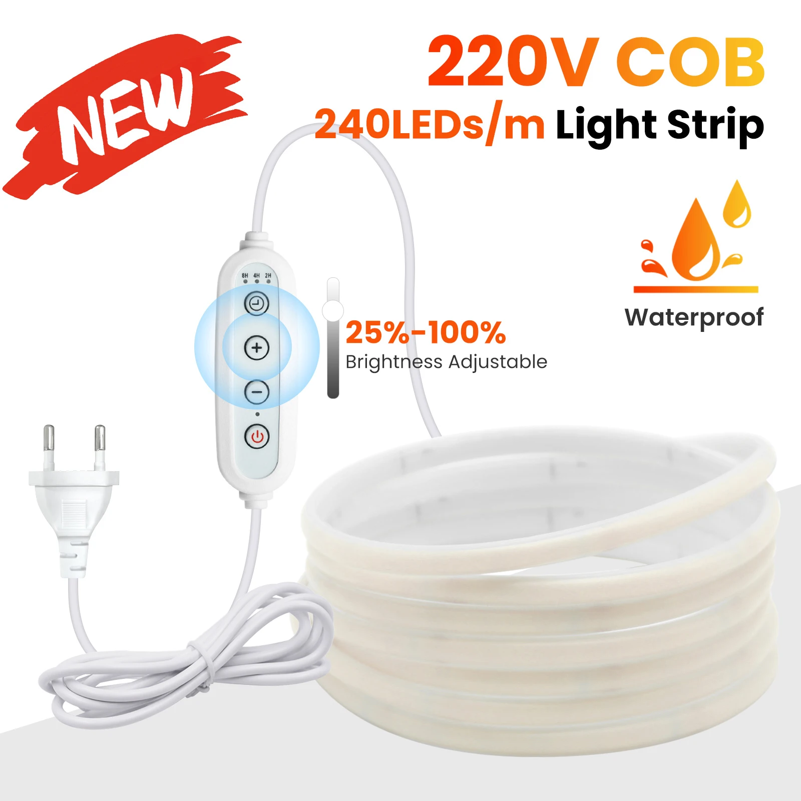 Dimmable 220V COB LED Strip Light Switch/Dimmer Power Kit Waterproof 288LEDs Warm Natural White Ribbon Tape Flex Neon Home Decor