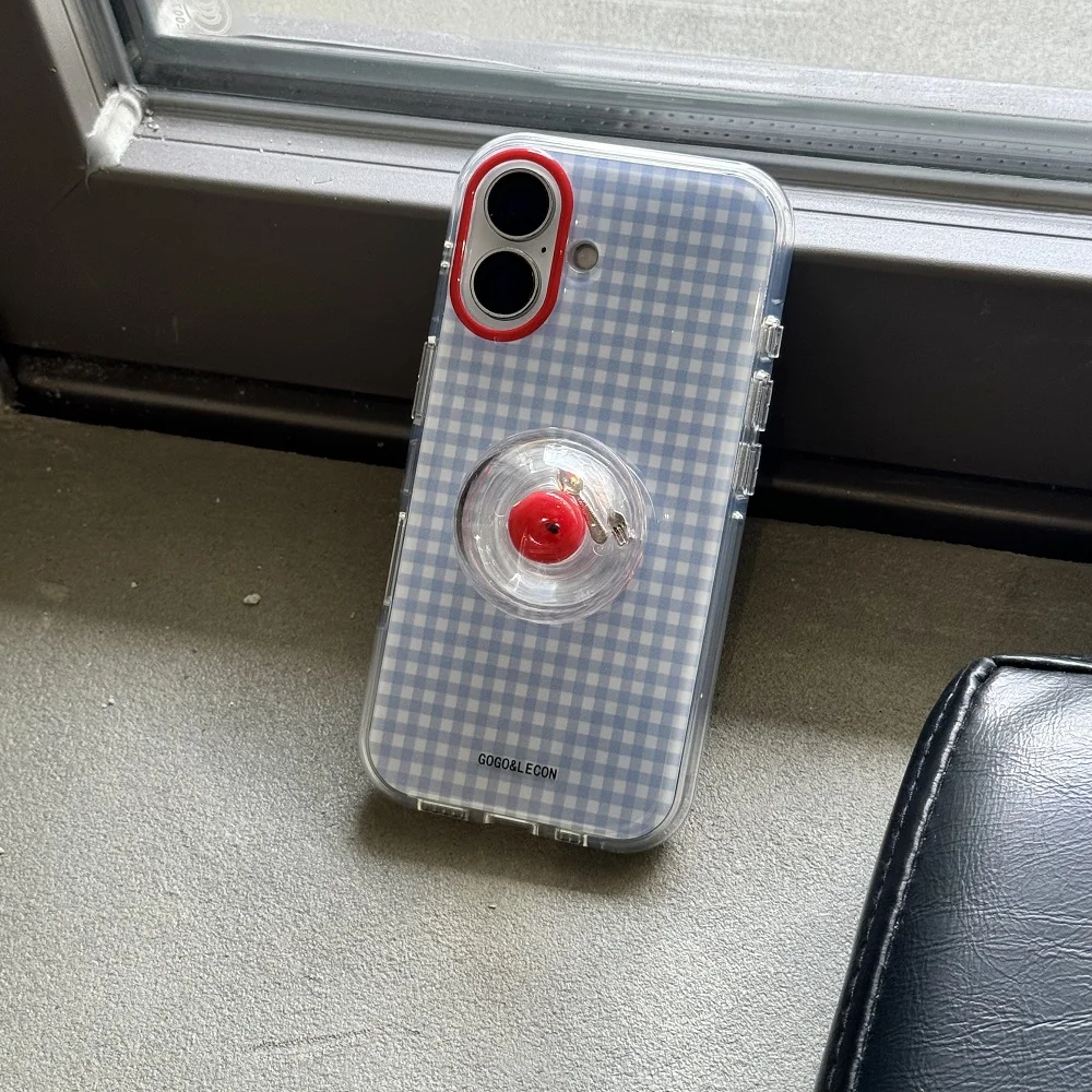 Korean Ins Blue White Checkered Pattern Knife Fork Bracket Phone Case for iPhone 16 15 14 13 Pro Max Back Cover Fund