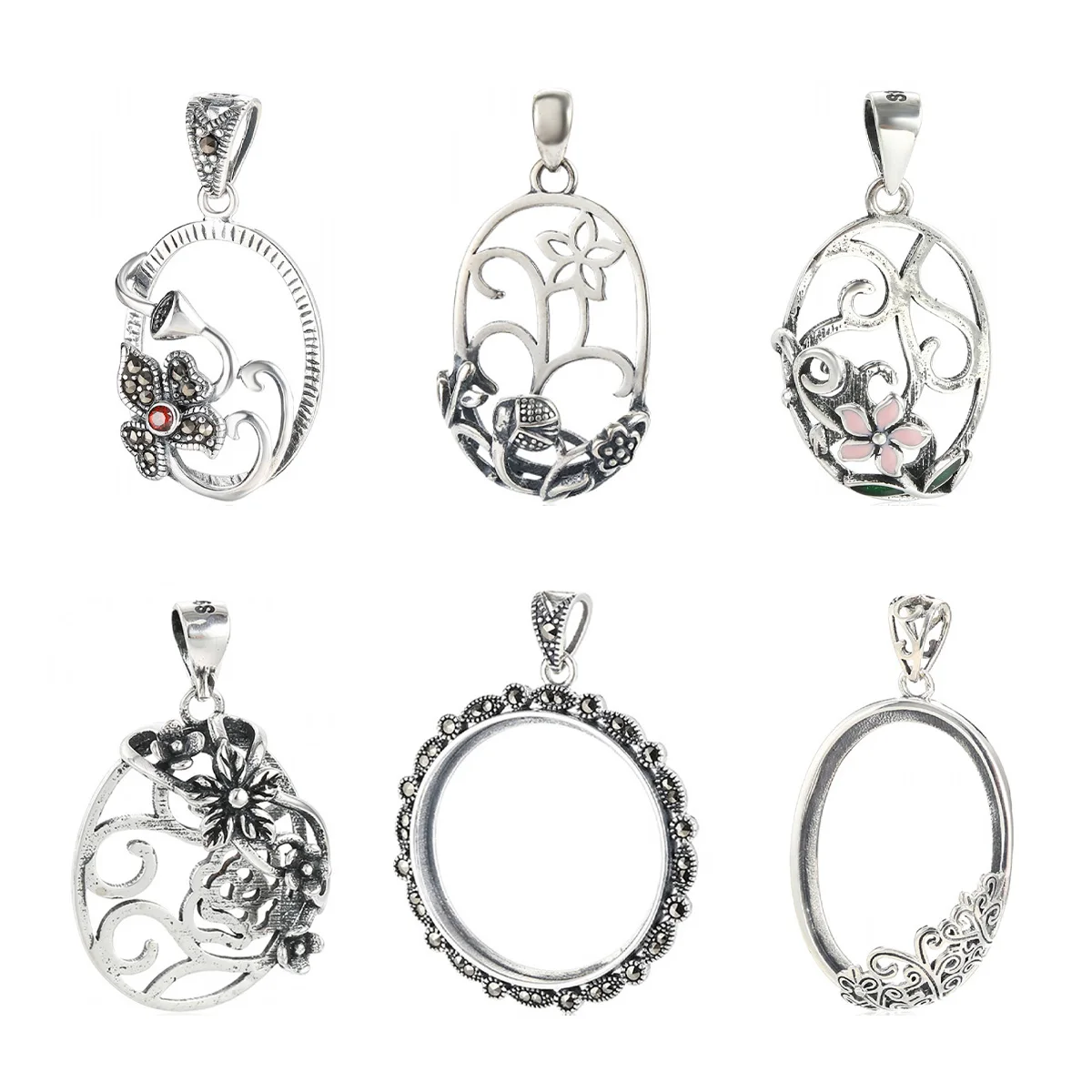 925 Sterling Silver Hollow Pendant Mount fit Round or Oval Cabochon DIY Bezel Pendant Base Blanks for Necklace Jewelry Making