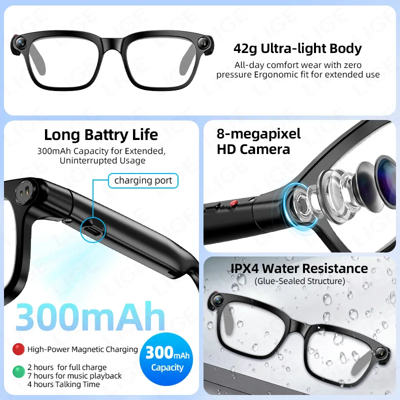 M08 AI Smart Glasses with 8MP Camera Bluetooth Calling Elastic Temples Photo Video Sunglasses for Men Women