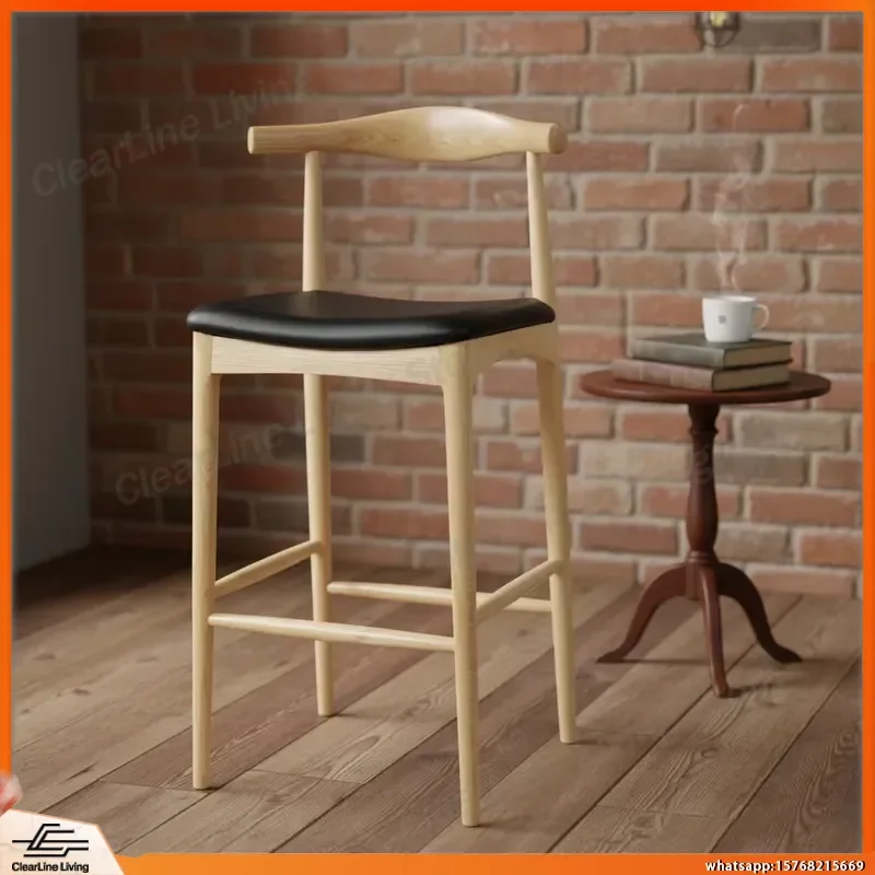 Nordic Modern Wooden Bar Stool for Home Dining Room Chair with Backrest Comfortable High Chair Solid Wood Pattern Restaurant