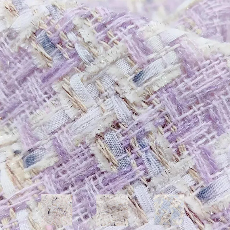 Fashion Purple Lattice Wool Yarn-Dyed Braided Tweed Fabric For Woman\'s Jacket Dress Suit Coat Handbag DIY Tweed Cloth Sewing