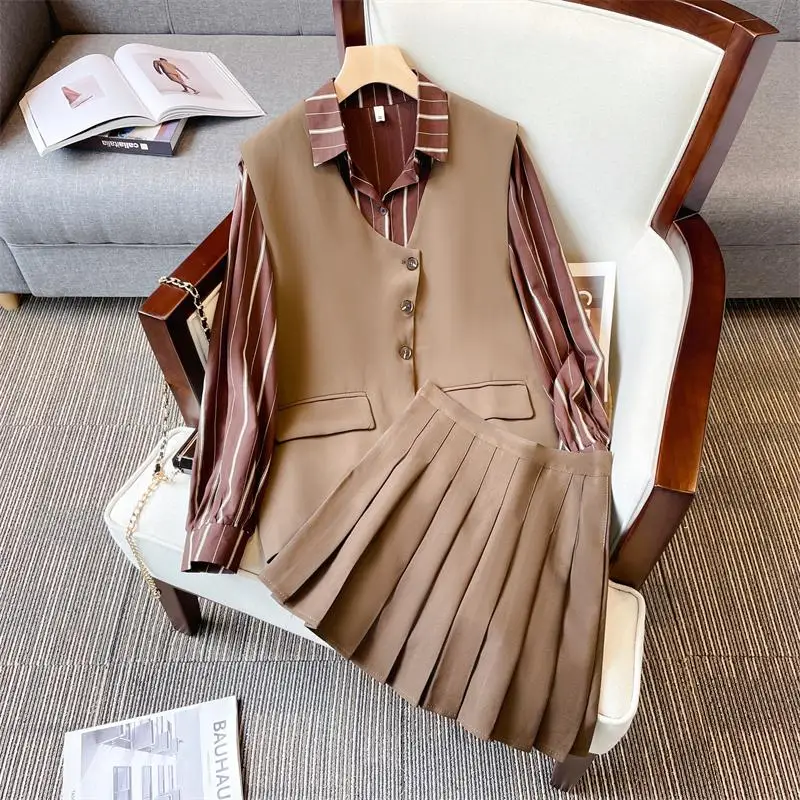 

Autumn Winter Elegant Ladies Workewear Suit Vest Jacket Coat+Shirt And Min Pleated Skirt Three Piece Set 2022 Fashion Casual