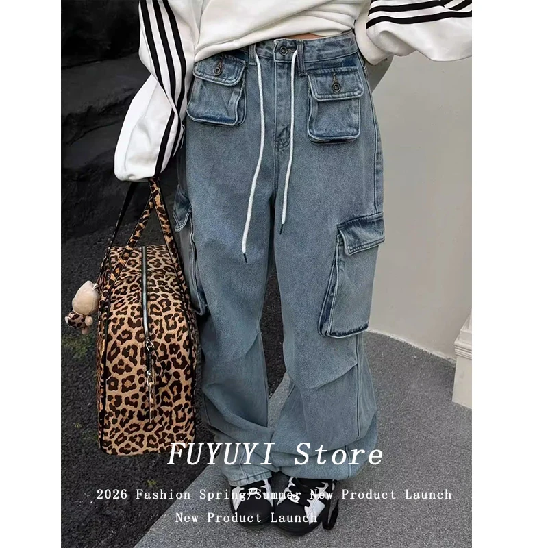 

Women's Mid-Low Waist Wide Leg Jeans Embroidered Letter Streetwear Casual Denim Trousers Y2K Style with Pockets