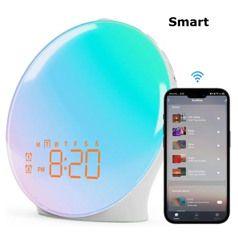 The latest smart sunrise alarm clock wakes up 7-color light source, smart wake-up clock bedroom home decoration gift