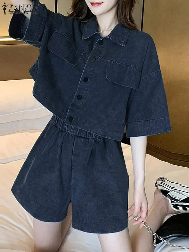 ZANZEA Vintage Denim 2PCS Pant Sets 2024 Summer Women Fashion Short Sleeve Lapel Neck Shirt Shorts Set Korean Blue Shorts Suits