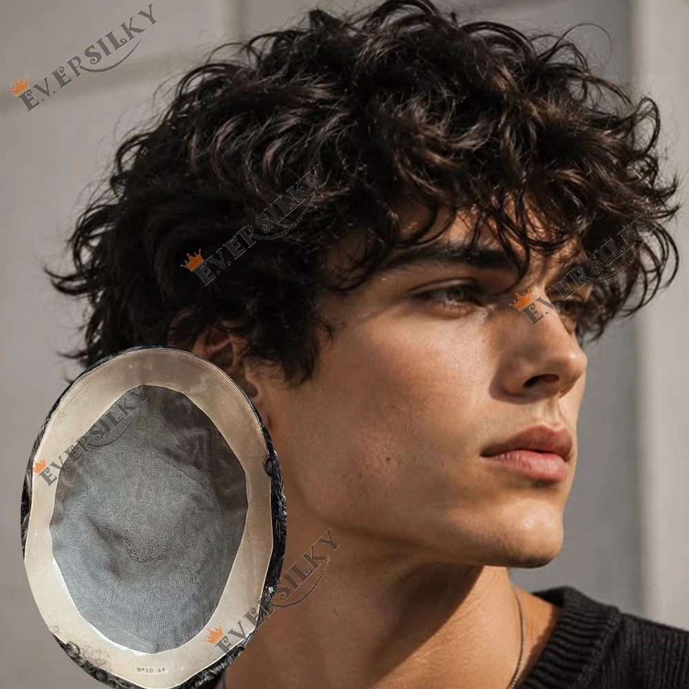 Herren-Toupet aus strapazierfähigem, braunem, 20 mm und 26 mm lockigem, 100 % Echthaar, feines Mono-Netz, Spitze, PU-Basis, Perücken, Haarprothesen-Systeme, Haarstücke – Detail 1