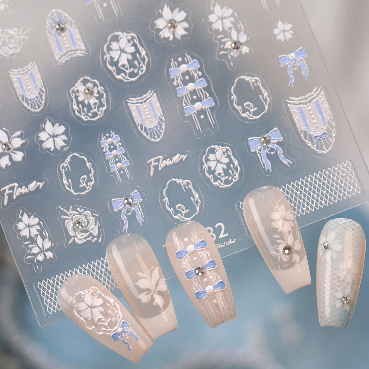 Lavender Silver Outline Flower Shield Frame 5D Nail Art Stickers Oval Hollow Rim Bow Lace Self Adhesive Nail Decals Manicure