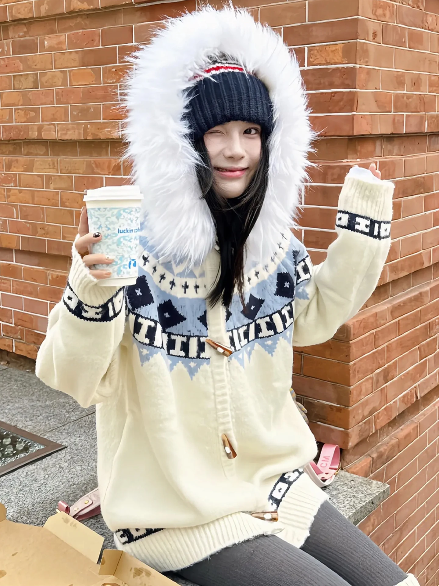 

Мужской вязаный свитер-пальто в американском стиле Fair Isle с капюшоном и меховым воротником, на пуговицах из рога, повседневный, премиум-класса, в стиле кэжуал.