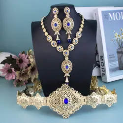 Sunspicems Chic Bride Jewelry Sets Moroccan Kaftan Belt Arabic Necklace Long Drop Earring Gold Color Algeria Wedding Jewelry Set