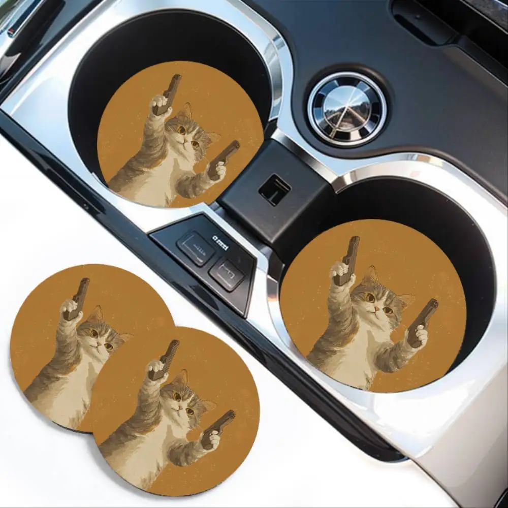 Cat Battle Print Car Cup Holder Coasters 2pcs Absorbent Non-slip Waterproof Cup Coaster Slight Print Variation